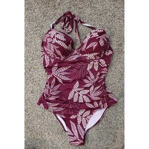 NWT Cupshe One Piece Swimsuit Size Large Burgandy Tropical Print Ruching